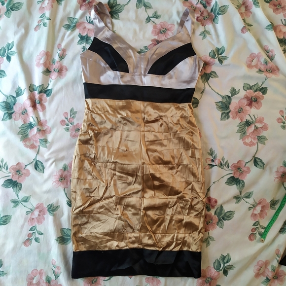 Gold Colorblock Bodycon Bandage Cocktail Y2K Dress - Picture 1 of 6